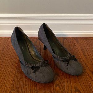 Madeline Suede Bow Ruffle Kitten Heels